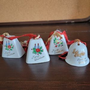 Christmas Bells Ornaments Lot of 4 Bone China Asst Vintage Japan 1-1/2" High